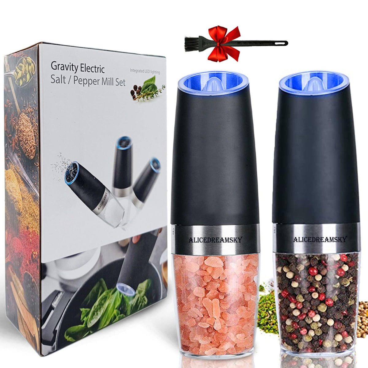 Alicedreamsky gravity electric grinder set with clear body for easy spice monitoring.