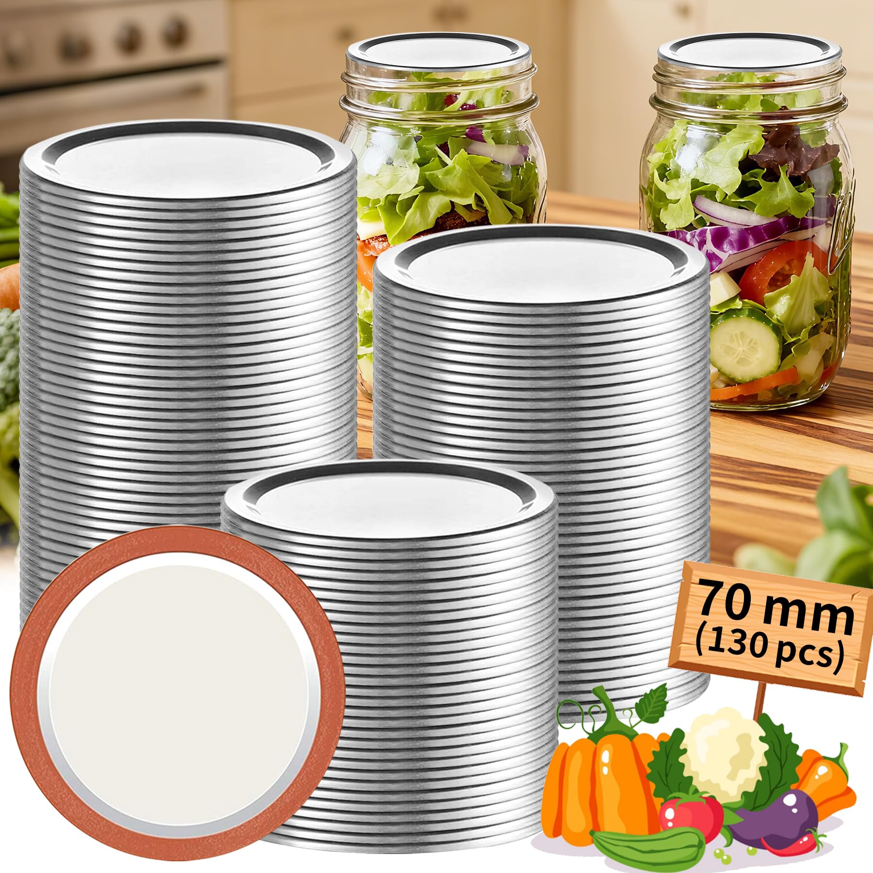 Aliggbent 130-pack regular-mouth lids set for bulk canning with 70mm diameter.