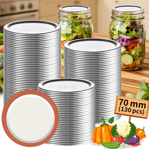 Aliggbent 130-pack regular-mouth lids set for bulk canning with 70mm diameter.