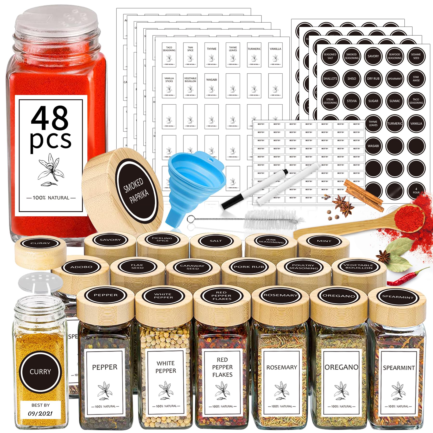 Aliggbent 48-piece spice jars with labels for quick pantry identification
