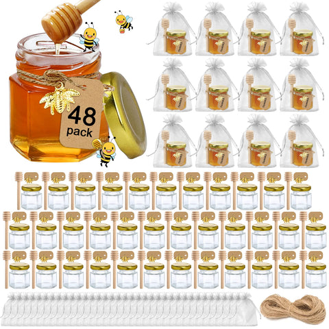 Aliggbent 48-pack mini honey jars with dippers for elegant party favors.