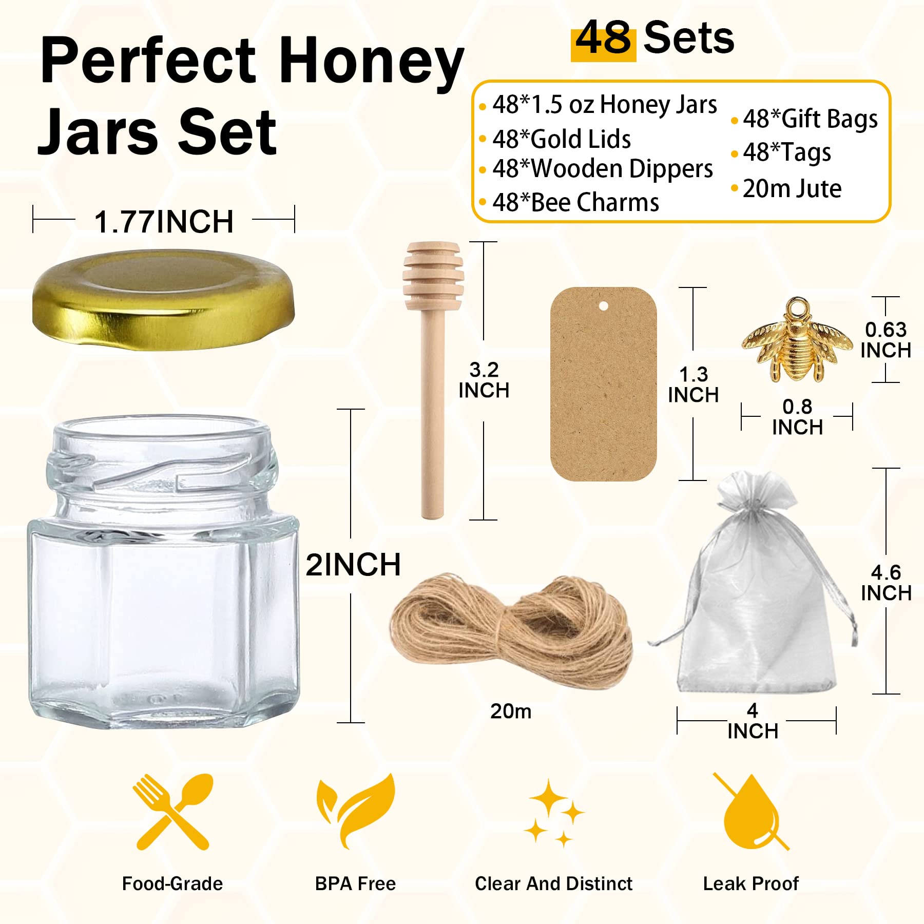 Aliggbent hexagon honey jar lids provide airtight sealing for freshness.