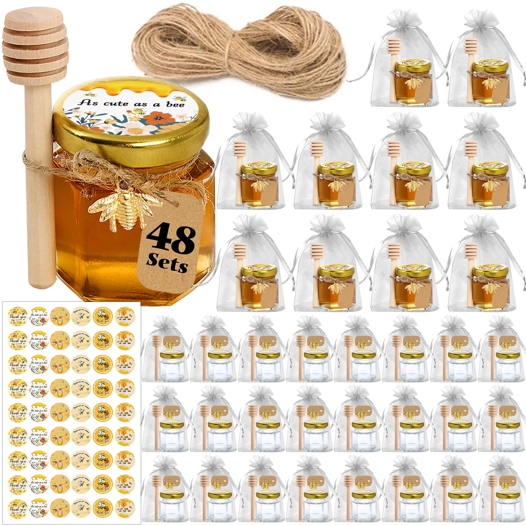 Aliggbent hexagon honey jar with lid and dipper, ideal for wedding favors.