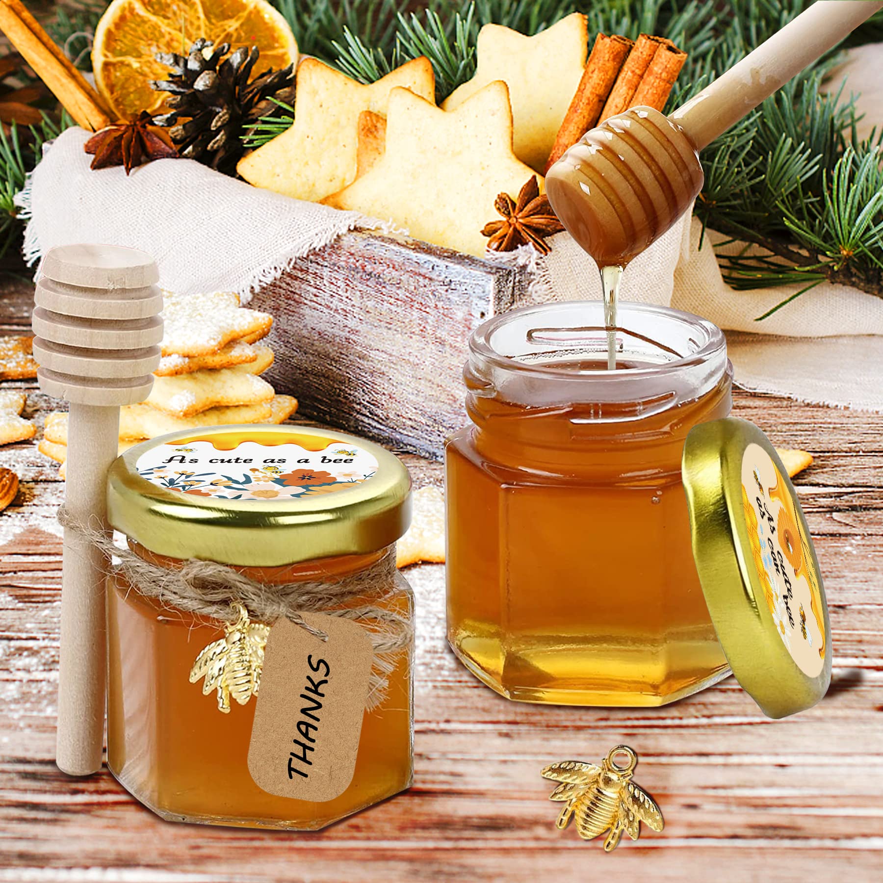 Aliggbent honey jar party favors for weddings and birthdays.