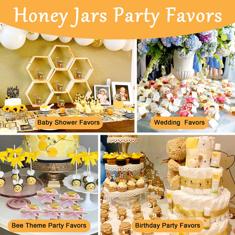 Aliggbent honey jar stickers and bee charms for decorative party favors.