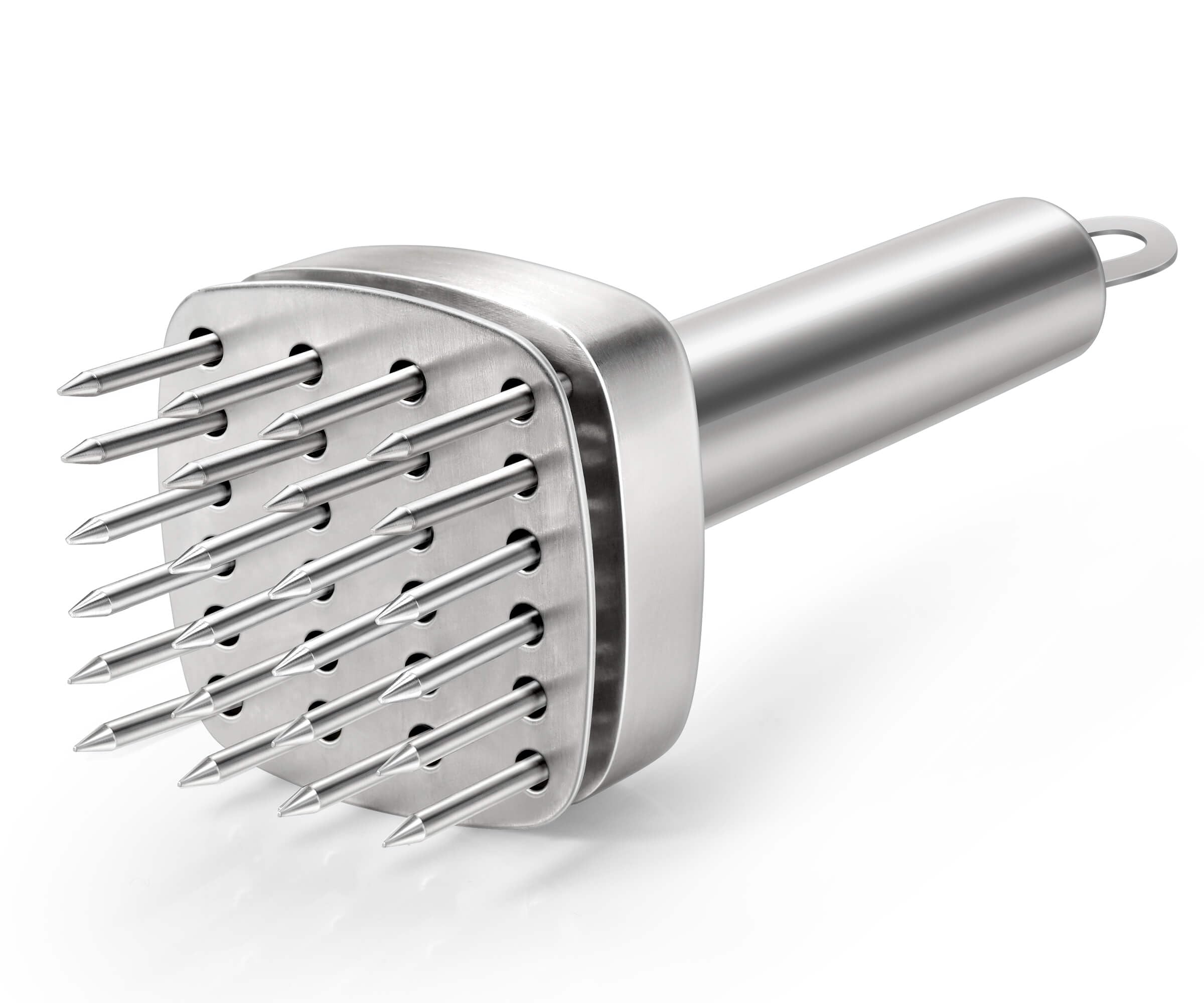 Aliglow 24-needle meat tenderizer showing rapid channel formation for even marinades.