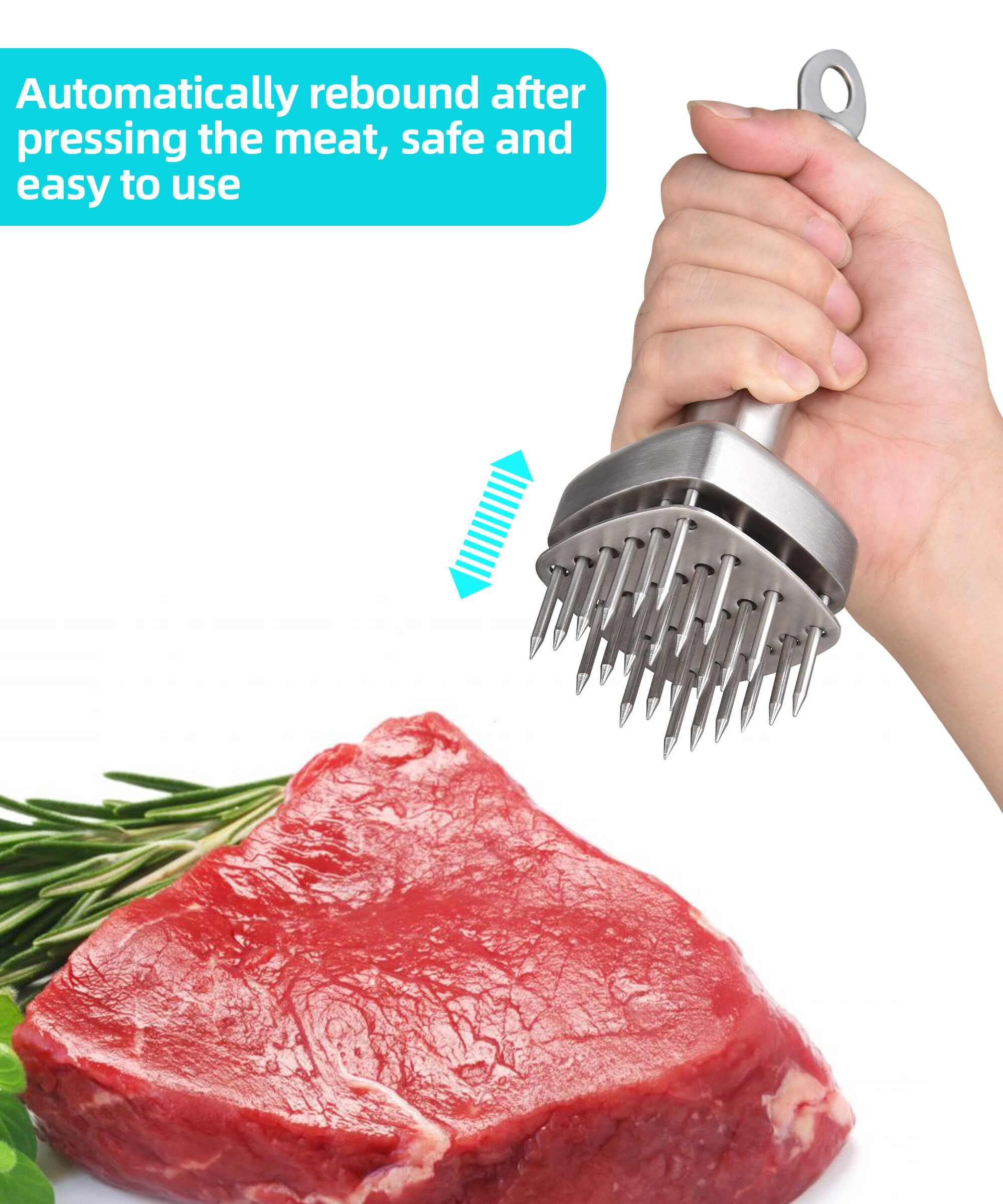 Built-in safety rebound feature protects hands during tenderizing sessions.