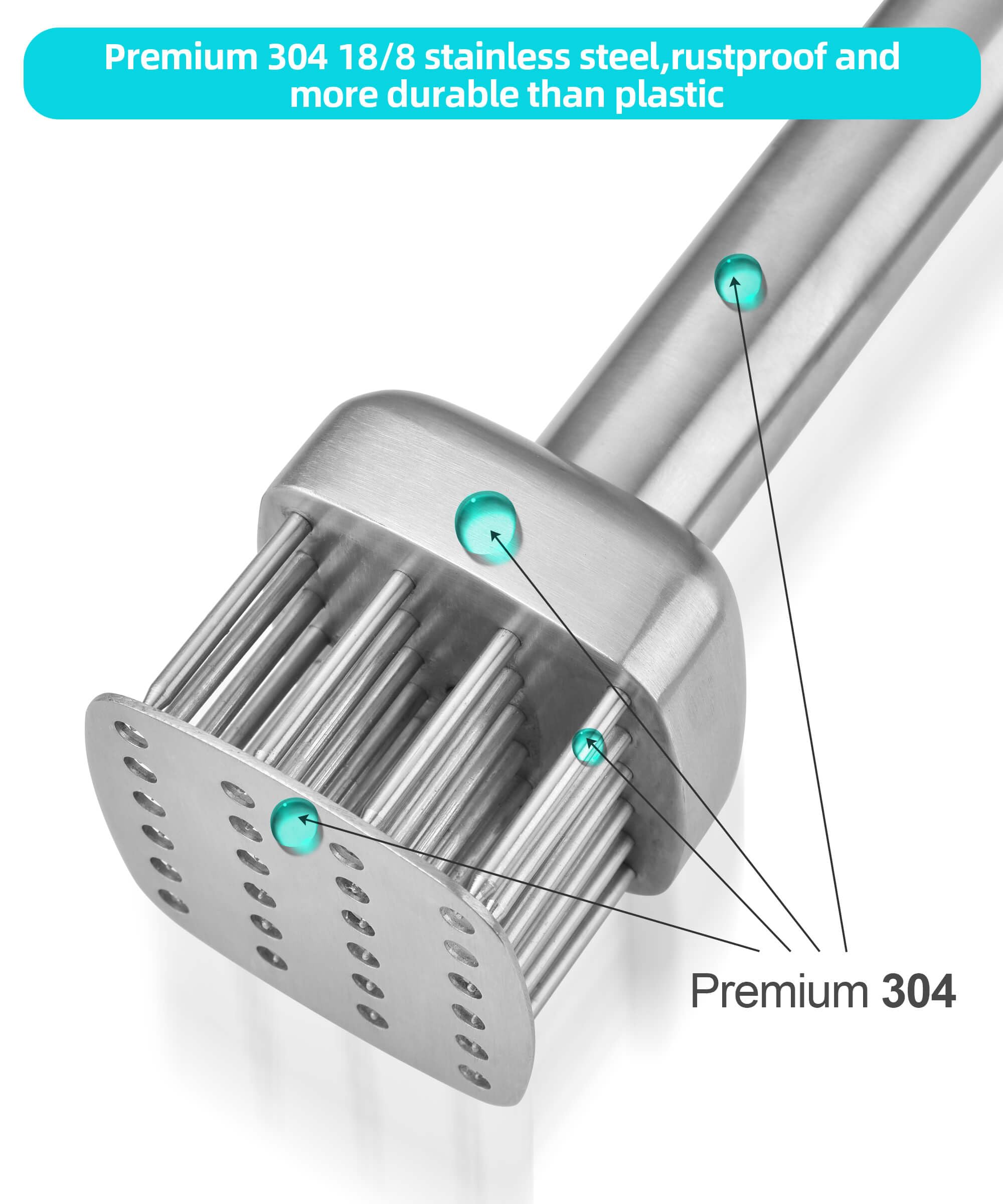 Spring-action tenderizer in use, delivering controlled, safe pressure on meat.