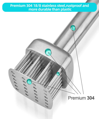Spring-action tenderizer in use, delivering controlled, safe pressure on meat.