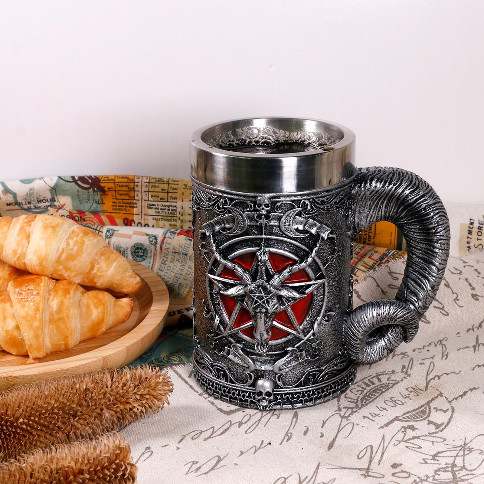 alikiki Medieval Baphomet Head Mug—3D design seen up close for a striking display.