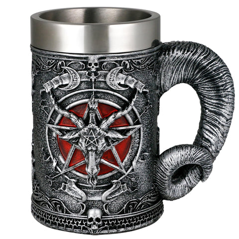 alikiki Medieval Baphomet Head Mug—front view highlights bold gothic design for dramatic table presence.