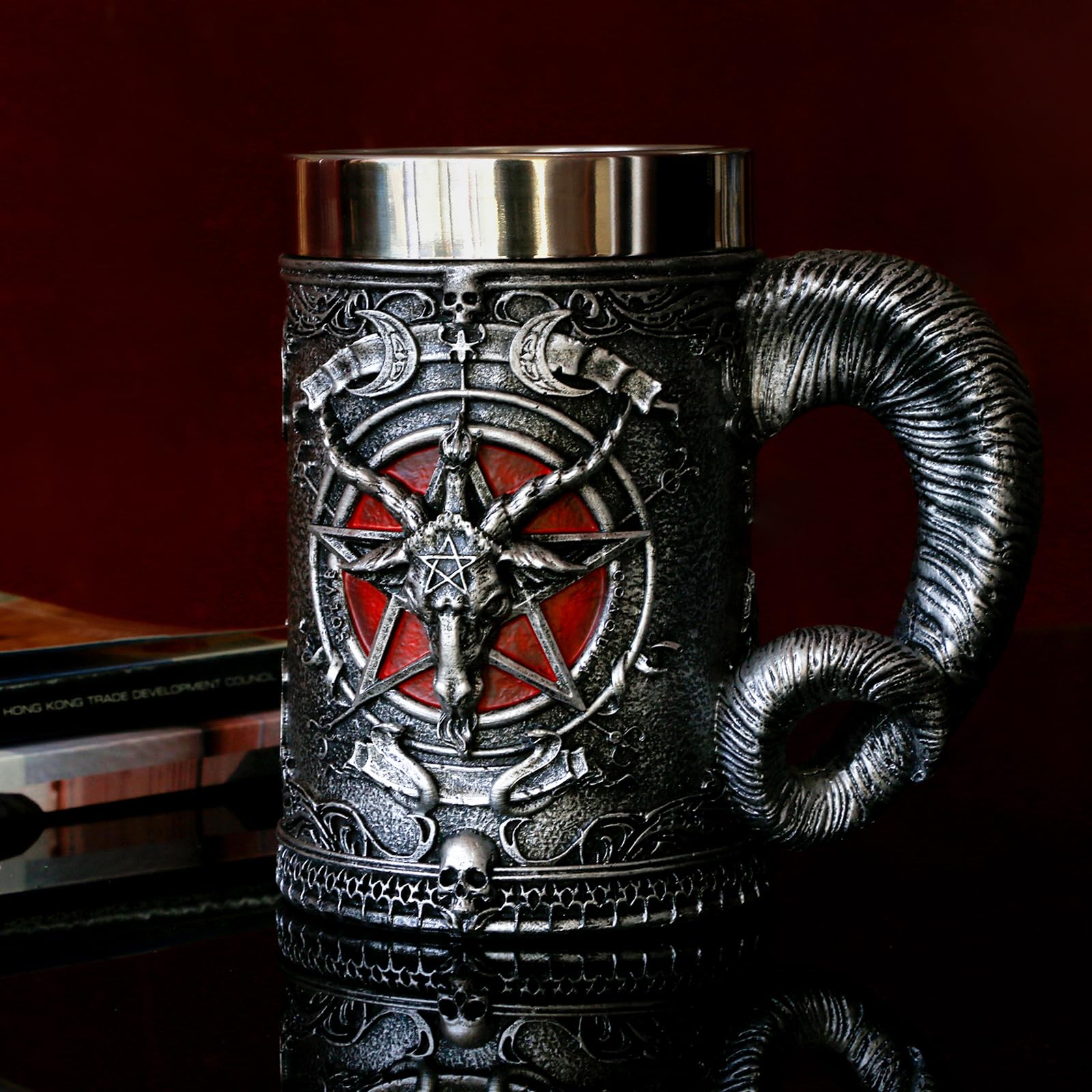 alikiki Medieval Baphomet Head Mug—side view showcases angular, detailed three-dimensional craftsmanship.