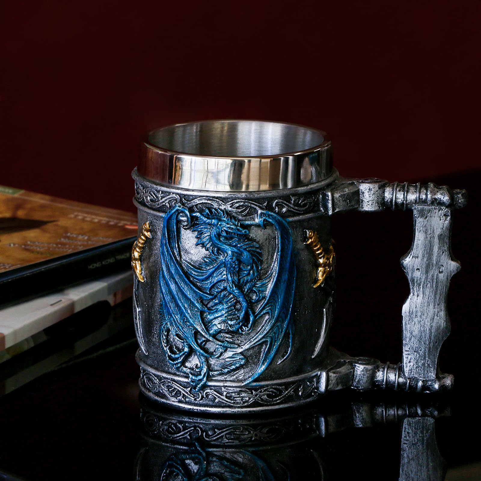 alikiki Medieval Blue Dragon Mug front view, ideal for game night display