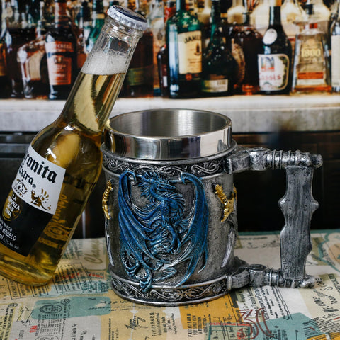 alikiki Medieval Blue Dragon Mug gift-ready packaging shown