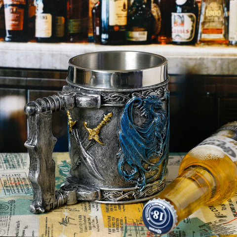 alikiki Medieval Blue Dragon Mug side angle highlights double-sided dragon design