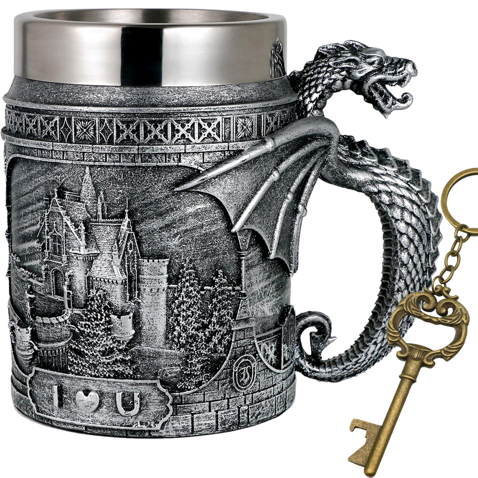 alikiki Medieval Castle Dragon Mug front view shows castle engraving for epic game nights