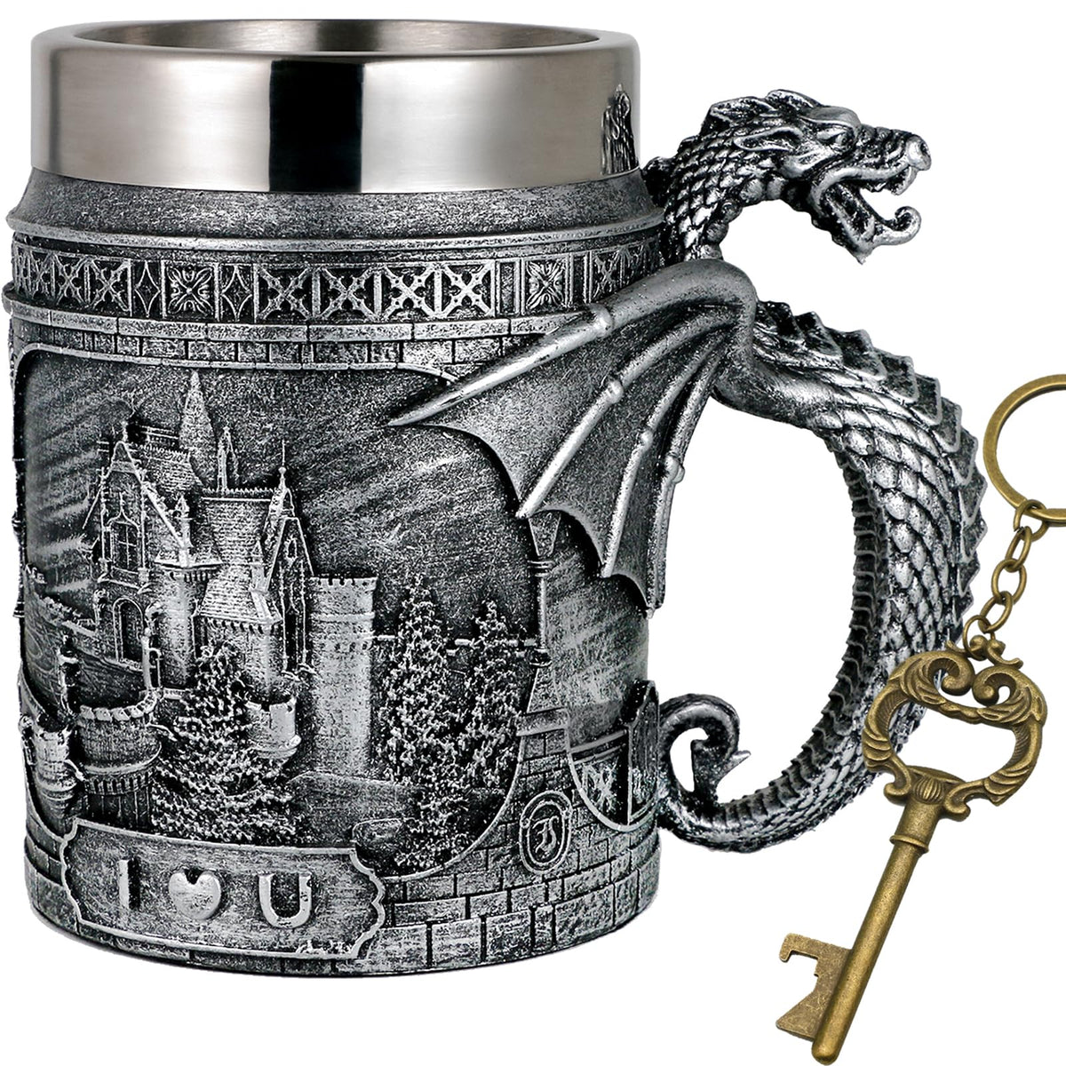 alikiki Medieval Castle Dragon Mug front view shows castle engraving for epic game nights
