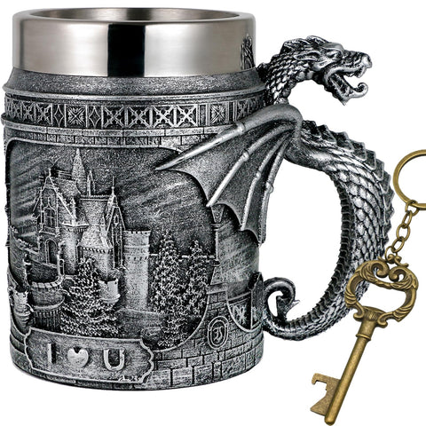 alikiki Medieval Castle Dragon Mug front view shows castle engraving for epic game nights