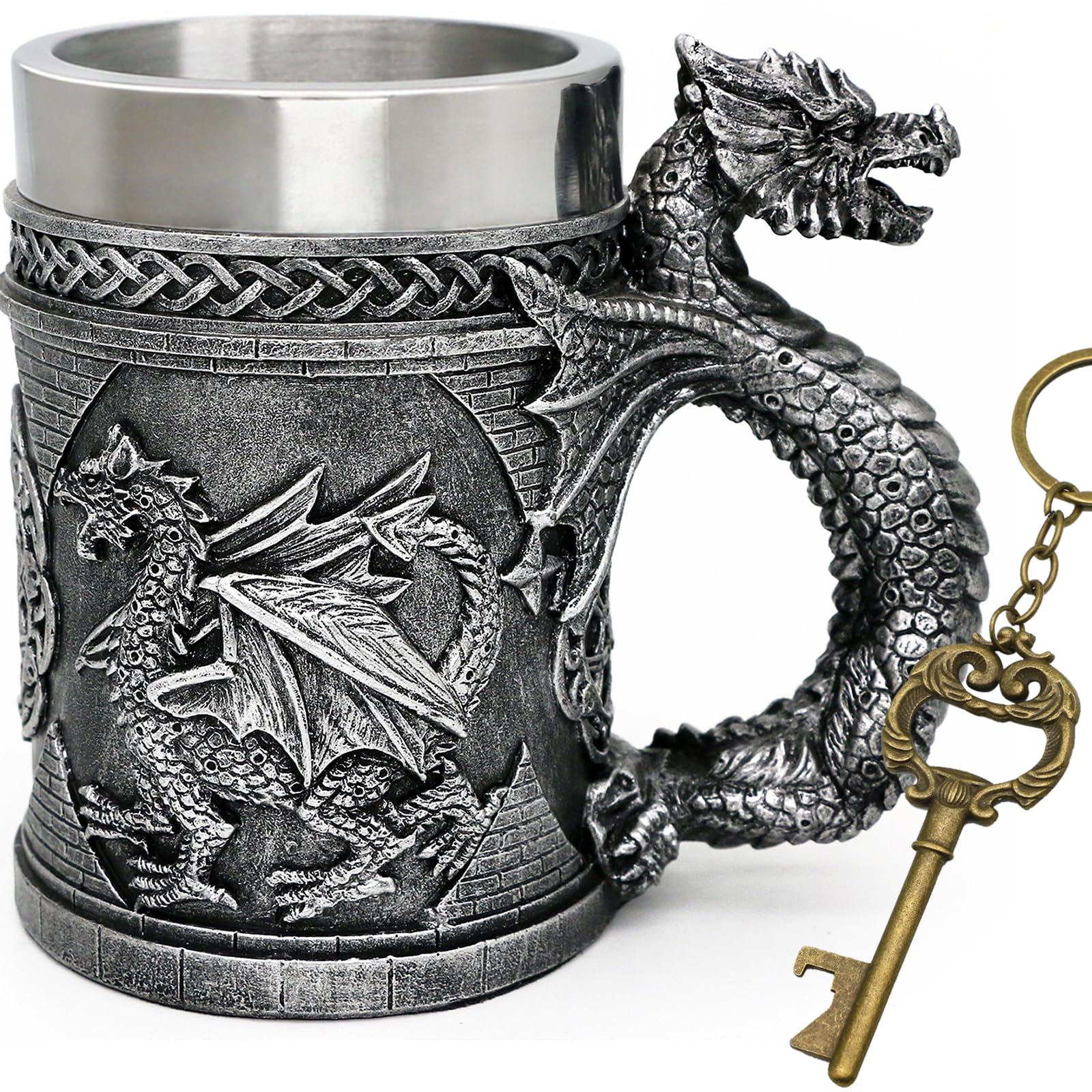 Alikiki medieval dragon mug 21oz with dramatic dragon on wall, ideal for game nights