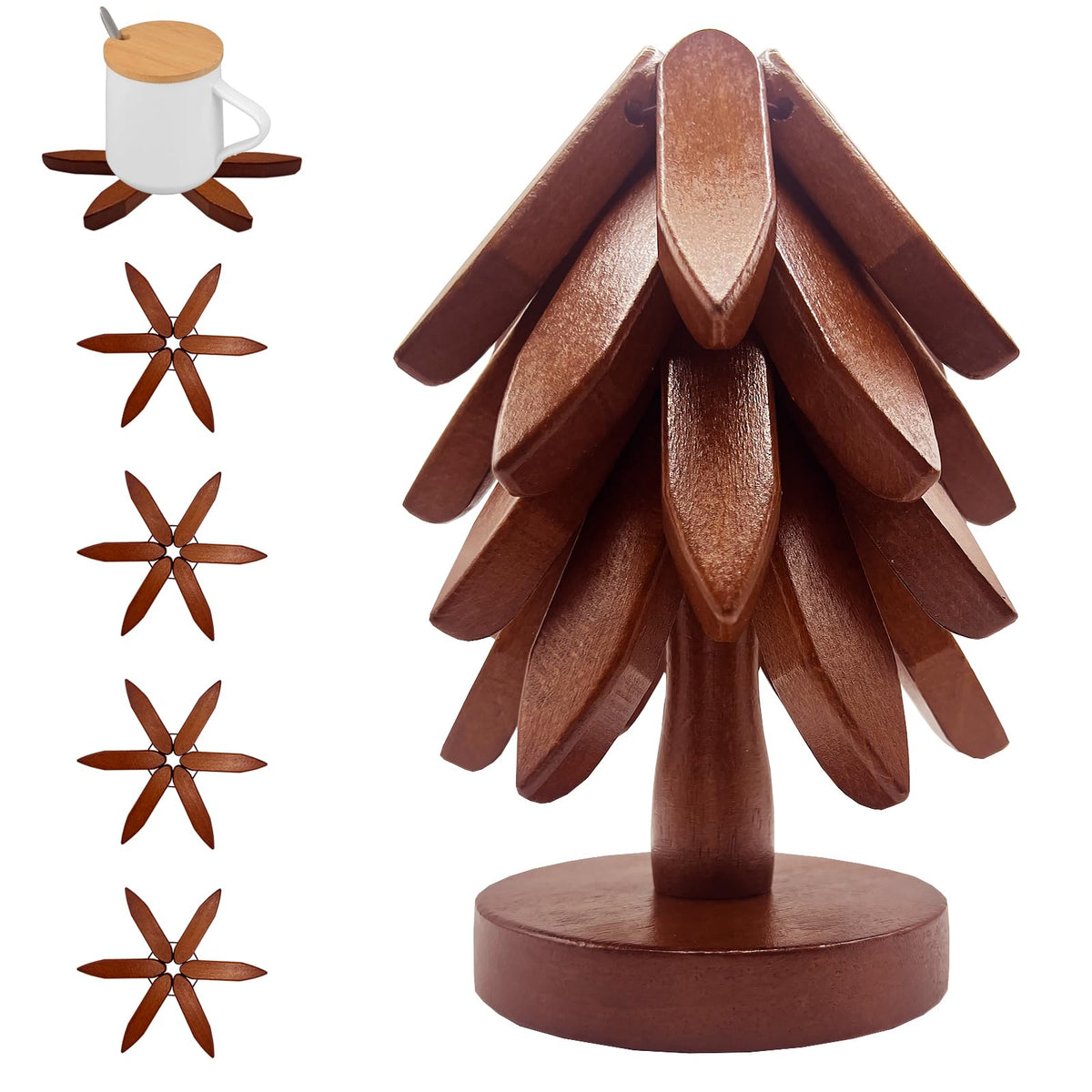 ALIKITCN tree-shaped trivet set with four pieces and stand protects surfaces.