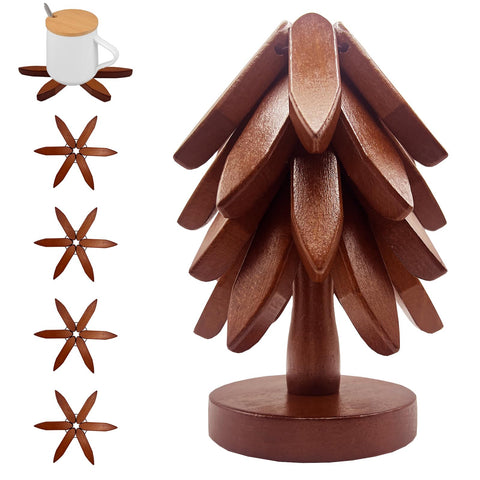 ALIKITCN tree-shaped trivet set with four pieces and stand protects surfaces.