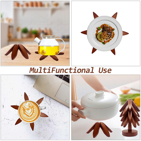 ALIKITCN stackable trivet set stored as a Christmas tree.