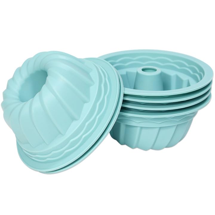 Alimat PluS 6-pack blue silicone molds for 5-inch round fluted cakes with easy release.