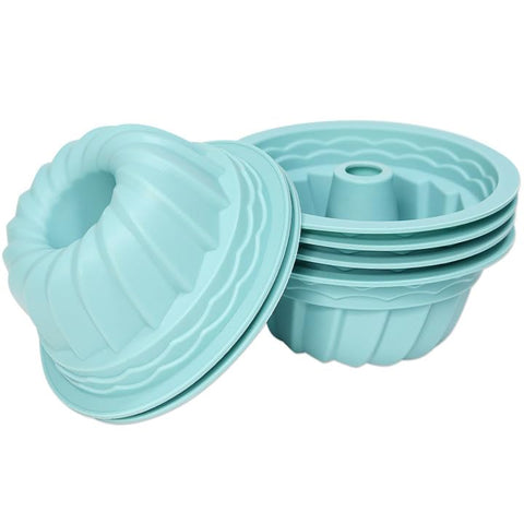 Alimat PluS 6-pack blue silicone molds for 5-inch round fluted cakes with easy release.