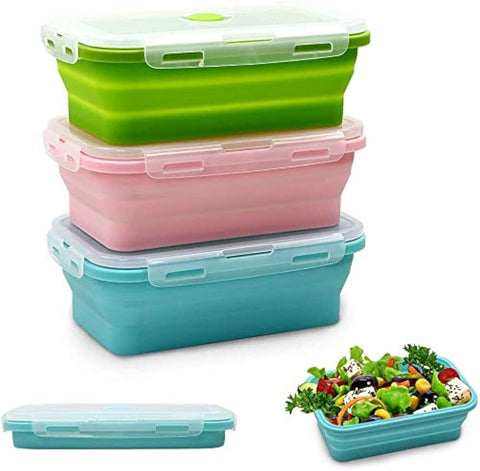 Alimat PluS collapsible 3-pack containers for compact meal prep storage.