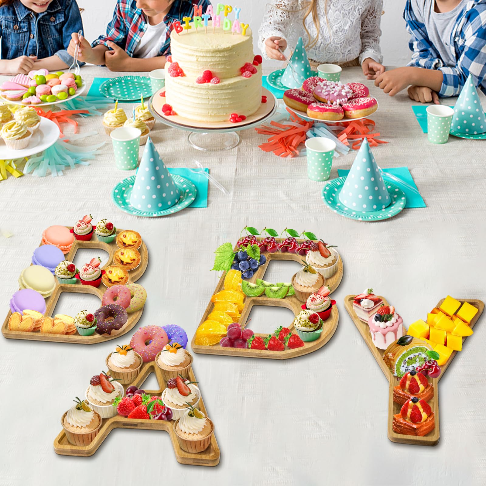 Alimtee baby shower tray displaying candy and cupcakes with natural wood aesthetic.