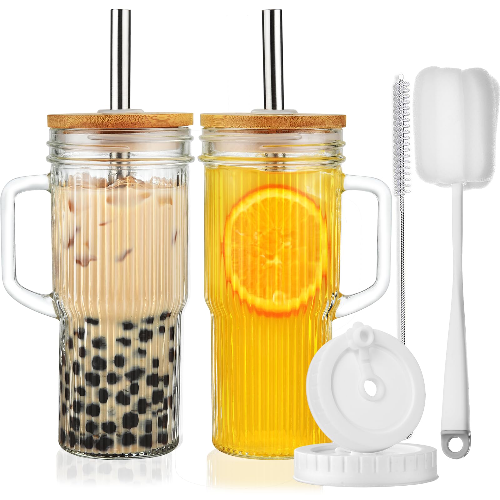 ALINK 24oz ribbed glass cup with bamboo lid and straw, ideal for on-the-go hydration.
