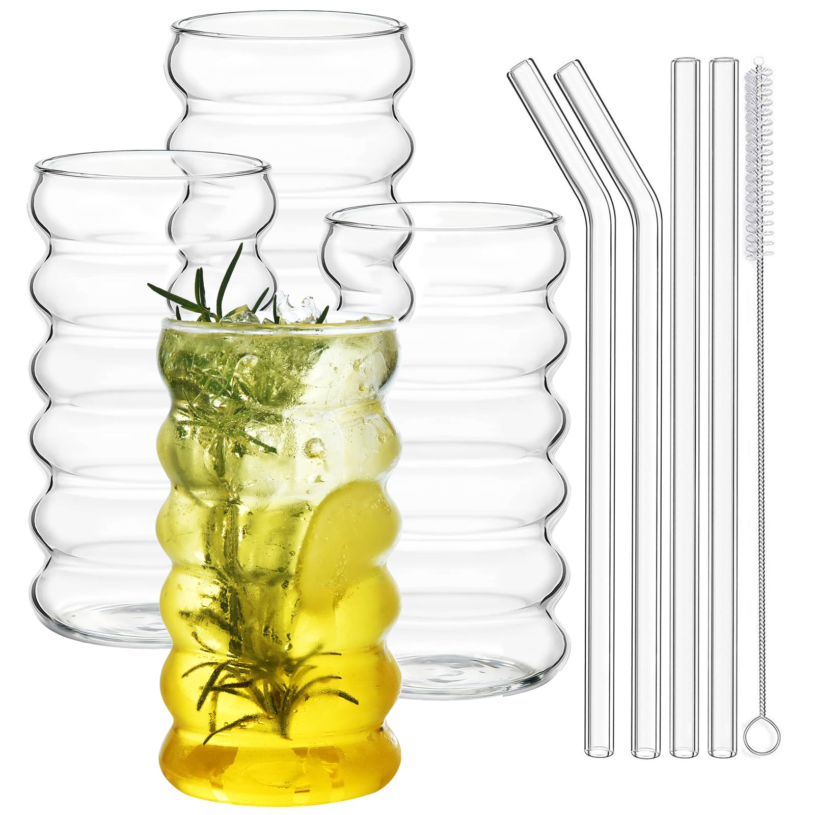 ALINK ribbed glass cups with straws offer easy grip and versatile use.