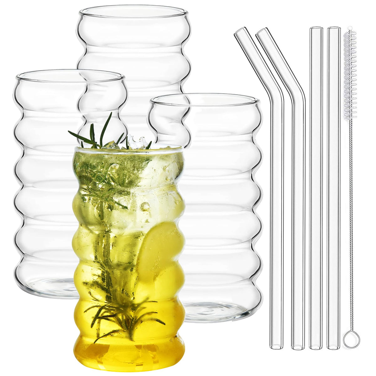 ALINK ribbed glass cups with straws offer easy grip and versatile use.