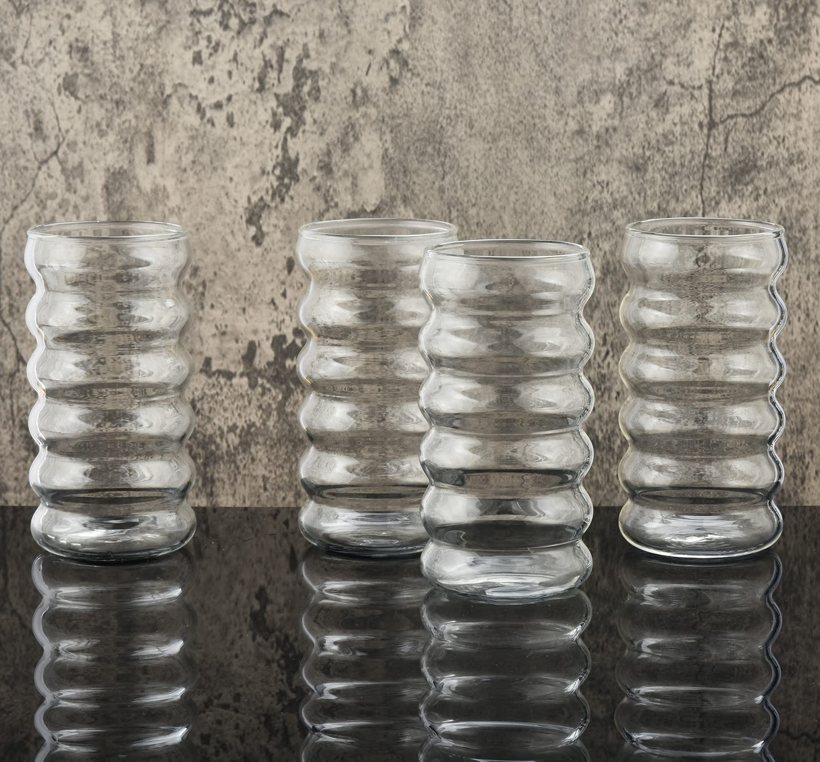 ALINK stackable ribbed glasses for compact kitchen storage.