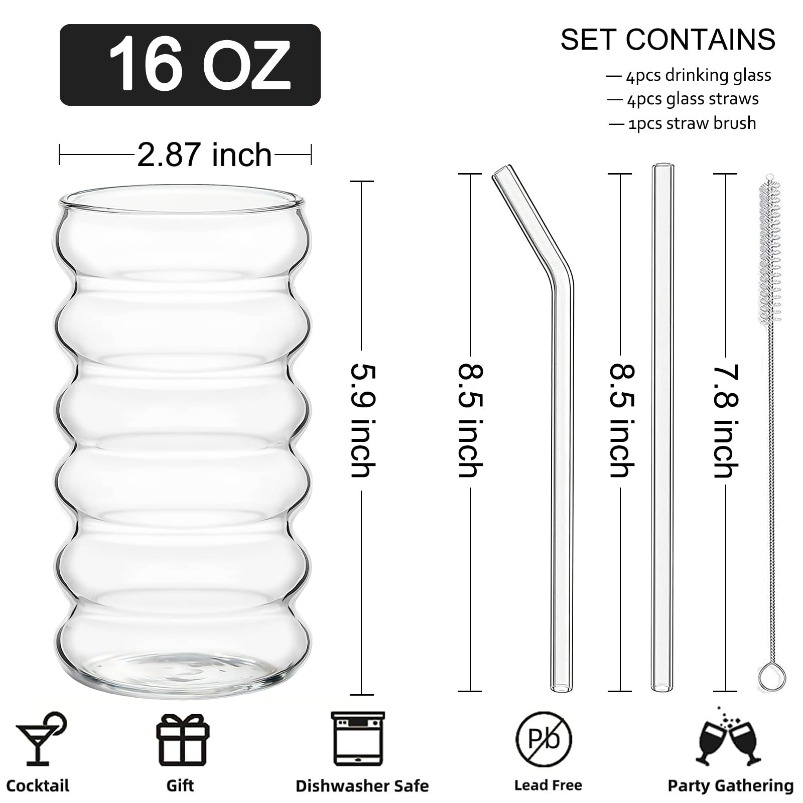 ALINK wave-design glass with straw set perfect for iced coffee or cocktails.
