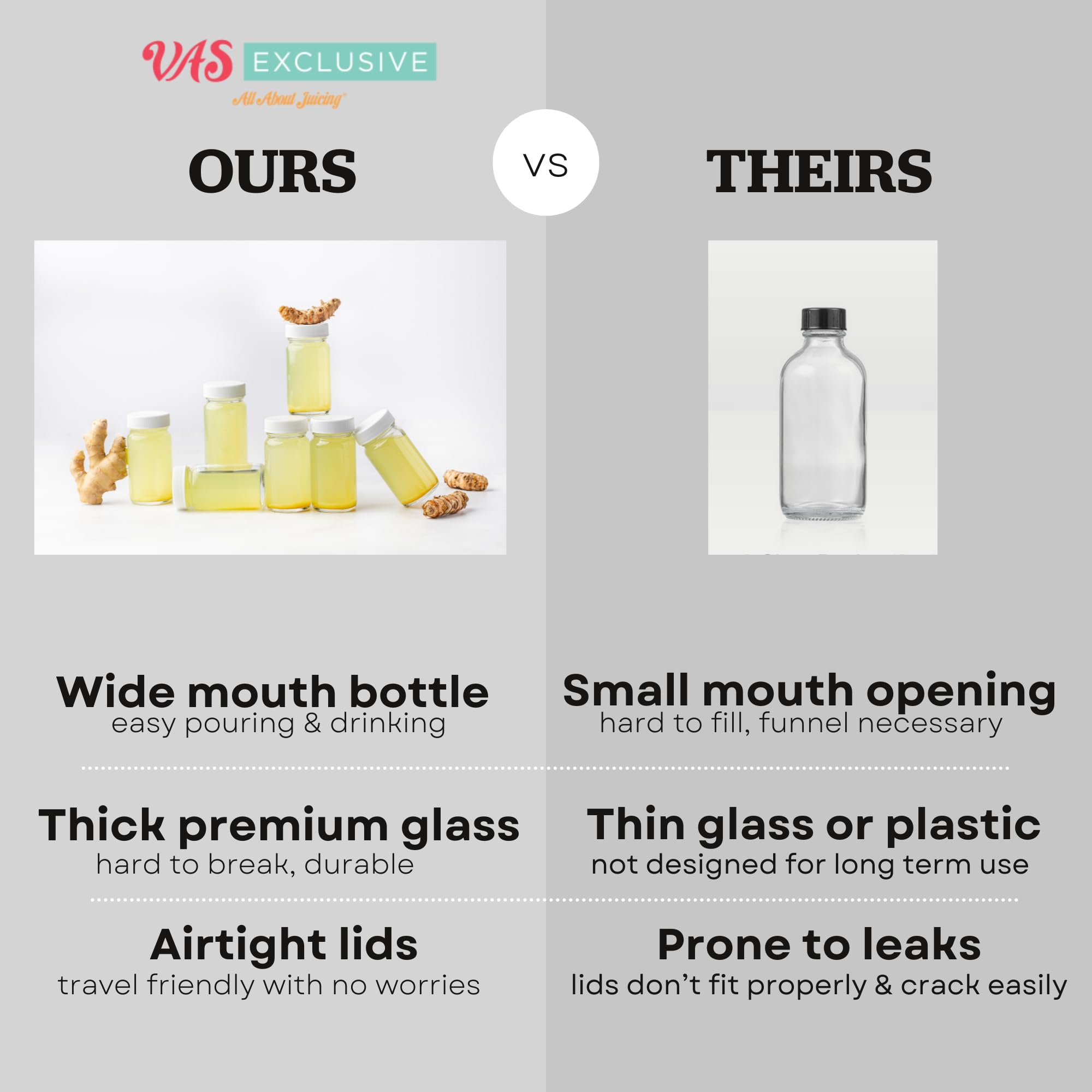 All About Juicing white cap 2oz bottle ideal for portion control.
