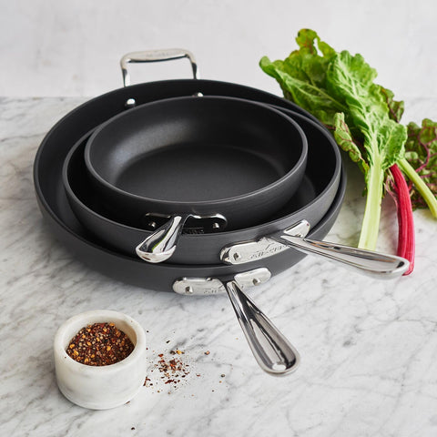 All-Clad three-piece set display for versatile kitchen prep and easy storage