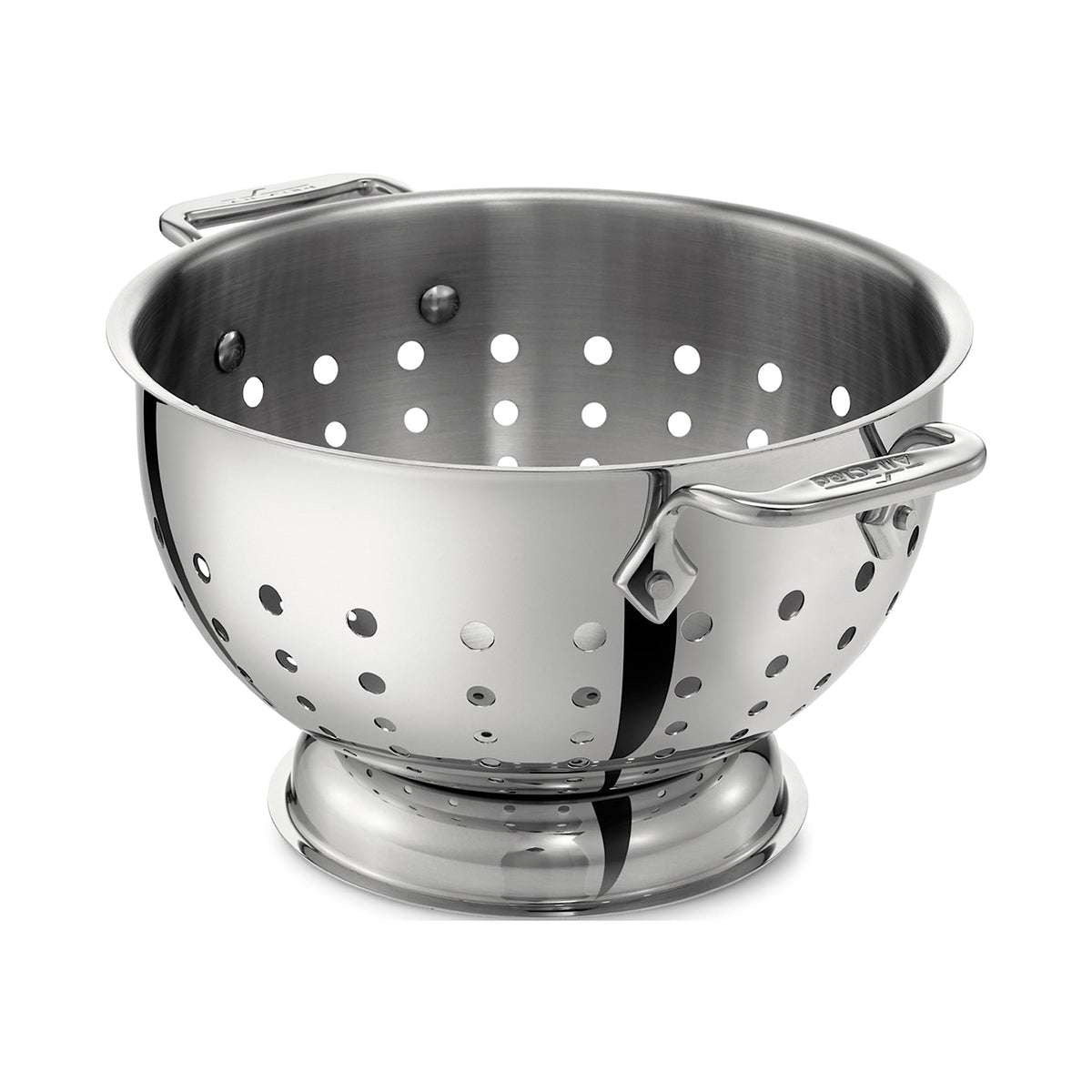 All-Clad colander with 5-quart capacity and mirror finish for durable draining