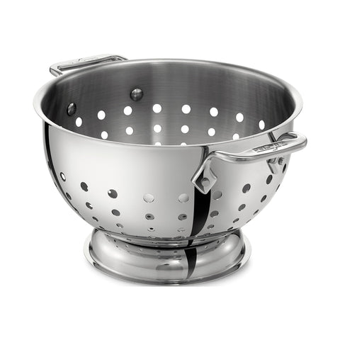 All-Clad colander with 5-quart capacity and mirror finish for durable draining