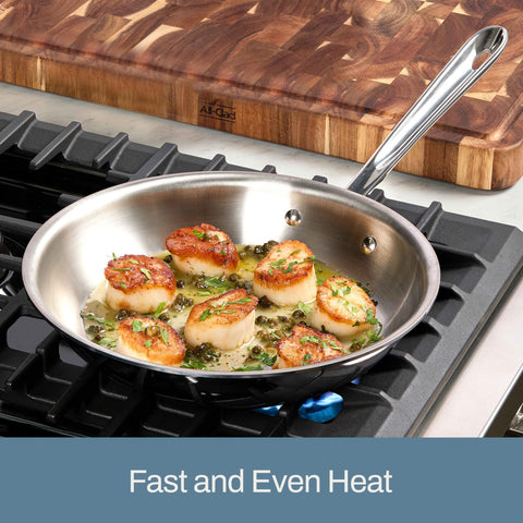 All-Clad D3 10-inch frying pan surface closeup, durable bonded-3-ply construction.