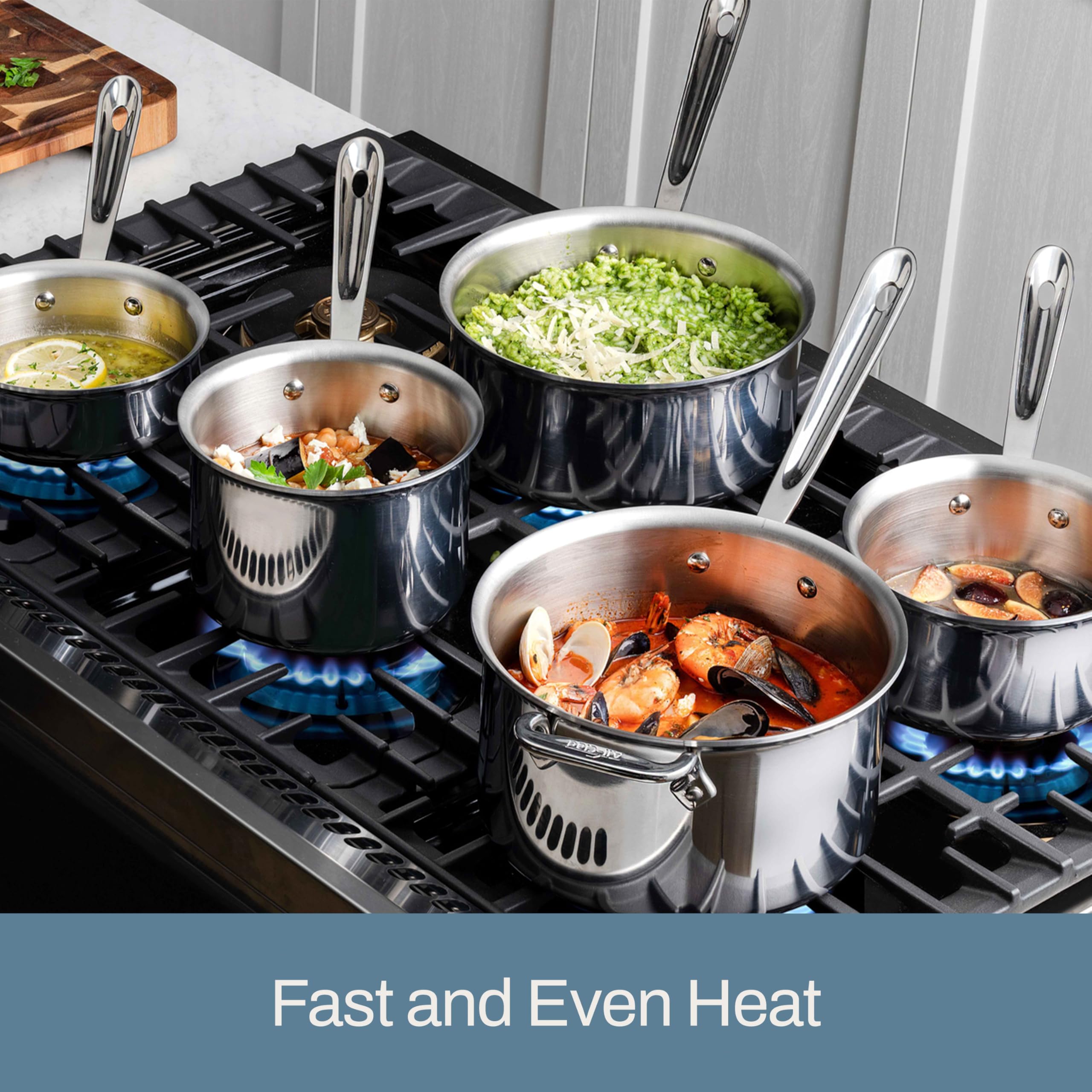 All-Clad D3 2-qt on burner shows fast, even heat distribution.