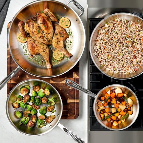 All-Clad D3 8-inch fry pan exterior finish on traditional cooktops