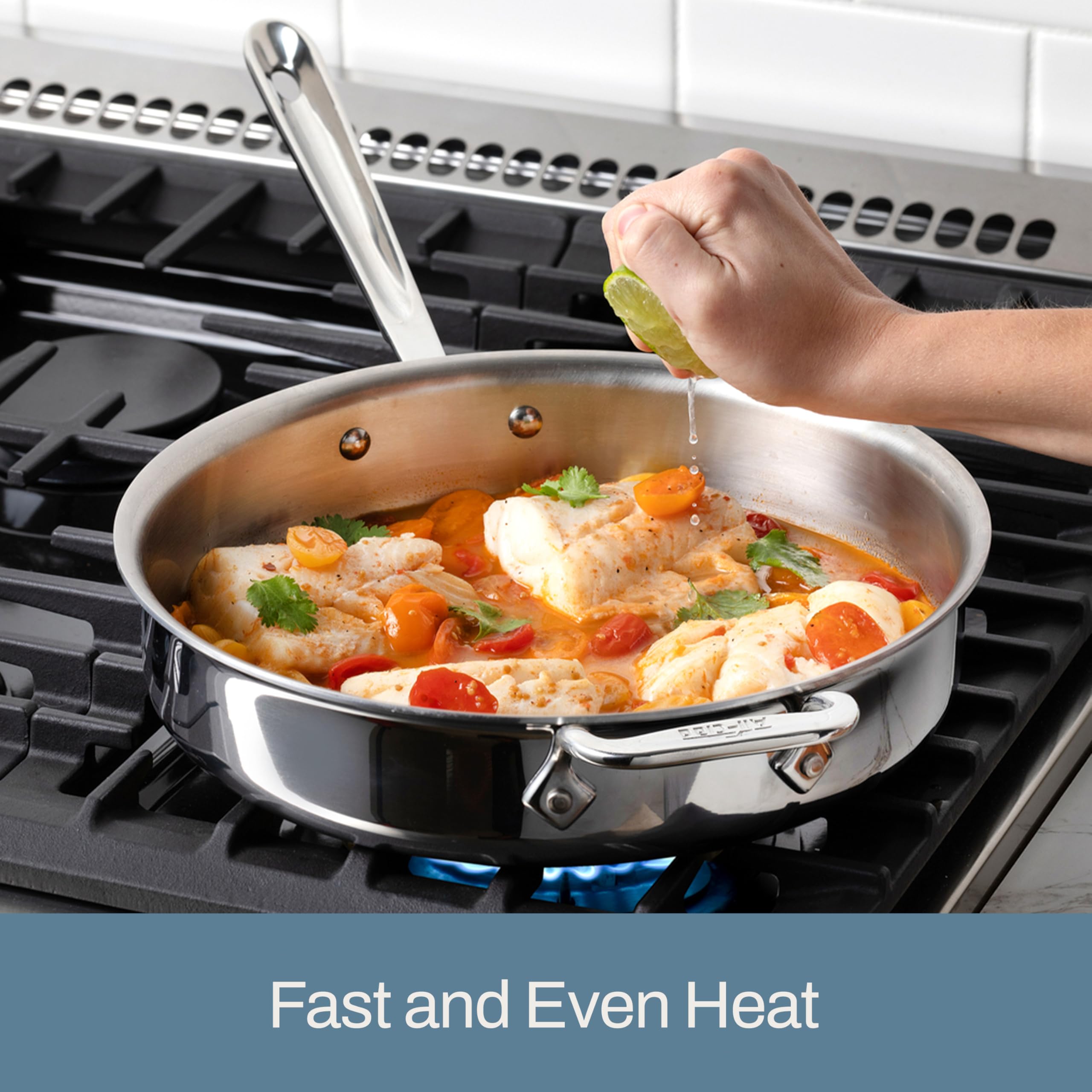 All-Clad D3 double riveted handles provide secure grip.