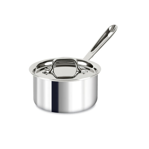All-Clad D3 1.5-qt saucepan with lid on stove for even heating