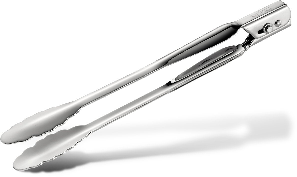 All-Clad locking tongs, 12-inch design, ideal for grilling and turning foods.