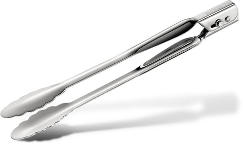 All-Clad locking tongs, 12-inch design, ideal for grilling and turning foods.