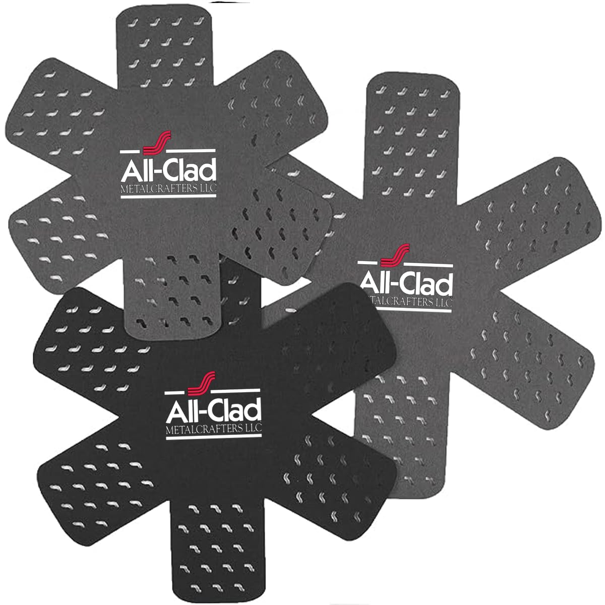 All-Clad pot protectors in star pattern protecting cookware from scratches during storage.