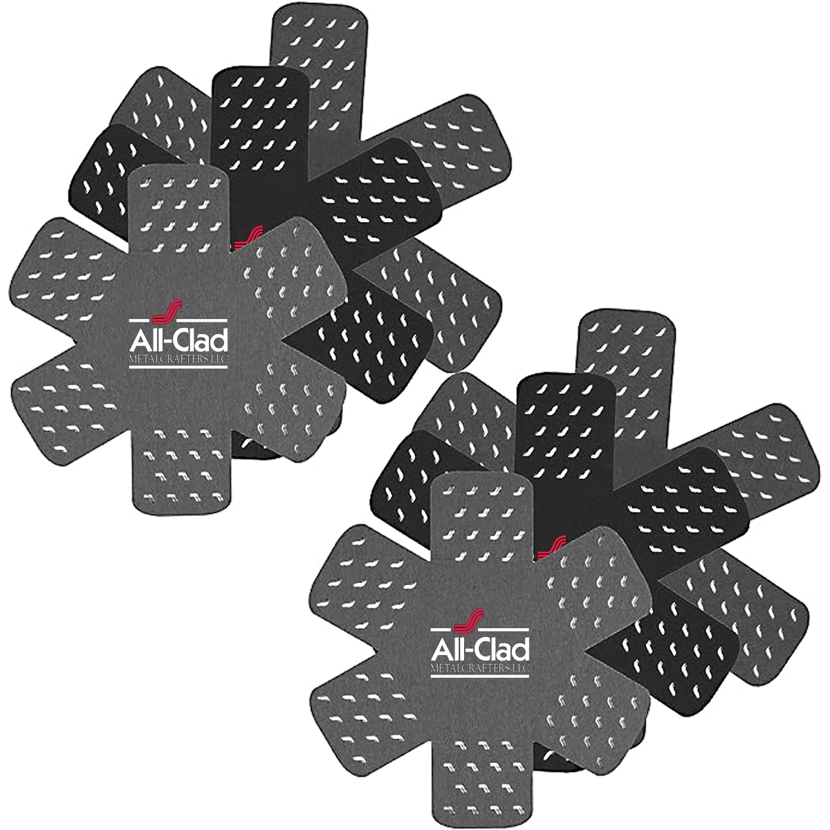 All-Clad pot protectors with star pattern protecting 14-inch cookware during storage.