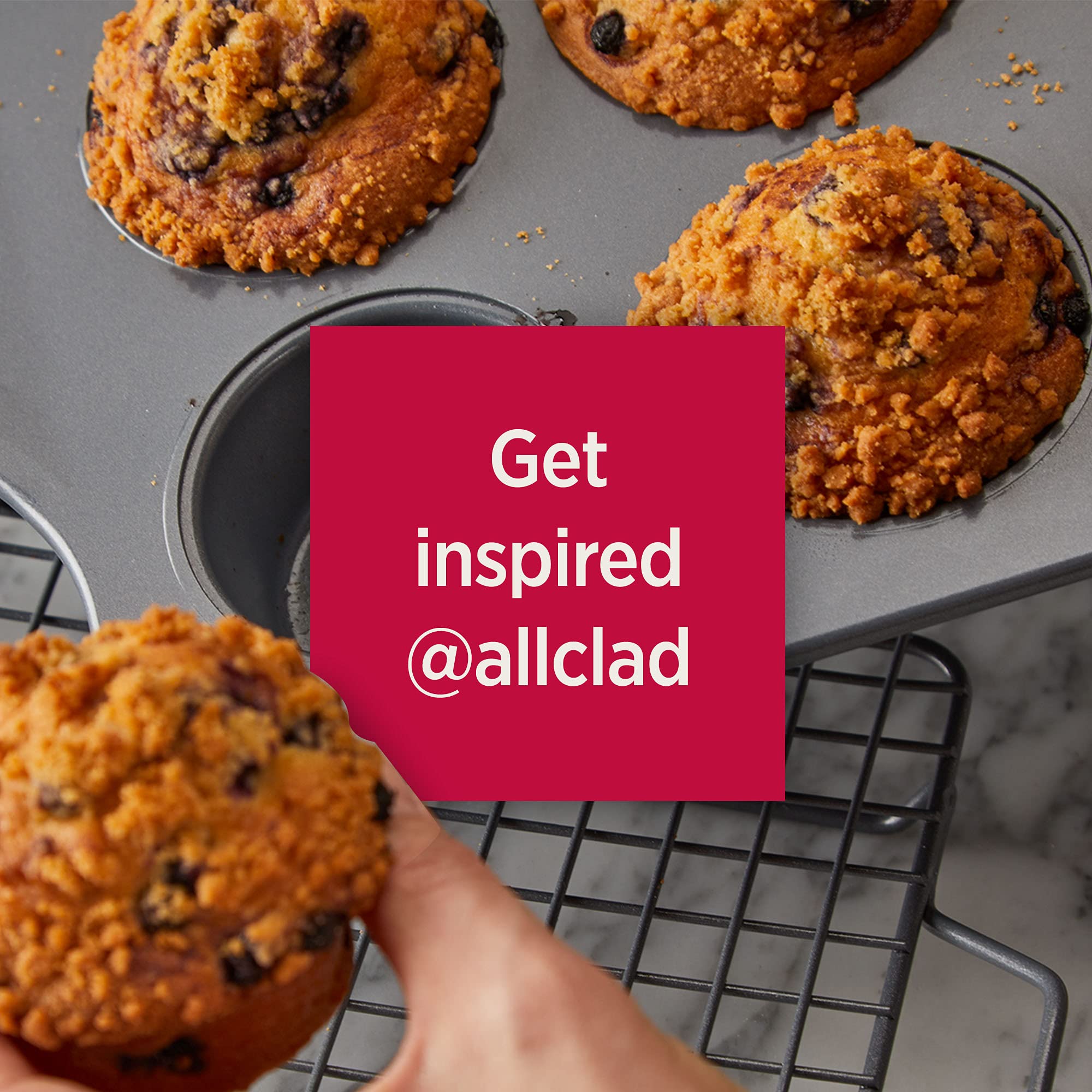 All-Clad Pro-Release muffin pan ceramic-reinforced nonstick coating for quick release.