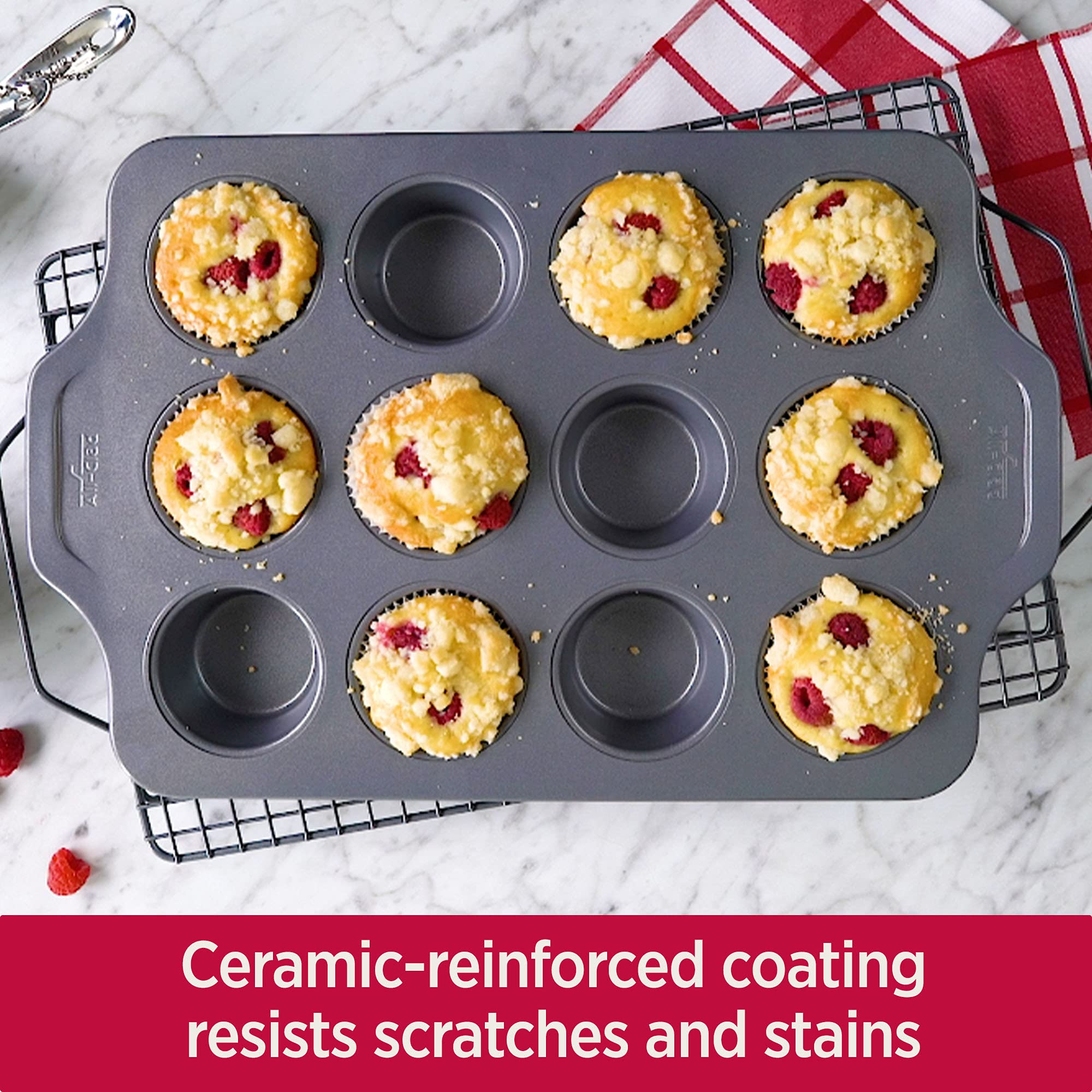 All-Clad Pro-Release muffin pan rounded corners prevent overbrowning.
